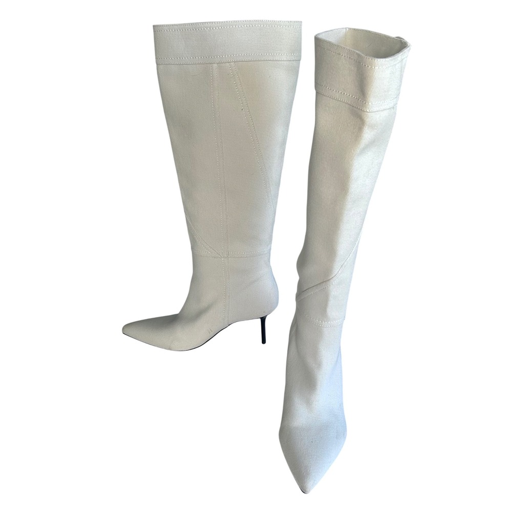 Zara Knee High Denim Boots Womens Size 9 EU 40 White Stiletto Pointed Toe - Picture 7 of 14